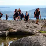 Vandringsgrupp njuter av utsikten över Höga kusten. Vatten och klippor i förgrunden, öar och hav i bakgrunden.