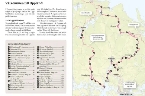 En karta över Upplandsleden med numrerade etapper och platser som Uppsala, Enköping och Stockholm.